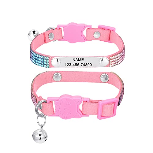 Mogokoyo Katzenhalsband mit Namen und Telefonnummer Personalisiert Strass Katzenhalsband mit Sicherheitsverschluss Glöckchen Verstellbar Halsband für Katze Kitten (XS, Pink) von Mogokoyo