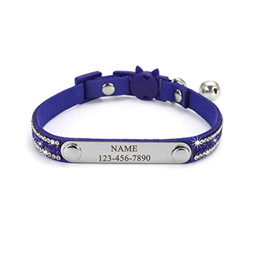 Mogokoyo Personalisiert Katzenhalsband mit Glöckchen Reflektierend Katzenhalsband Namen Telefonnummer Sicherheitsverschluss Verstellbar Kristall Katze Kitten Samtstoff 21-25cm Blau von Mogokoyo