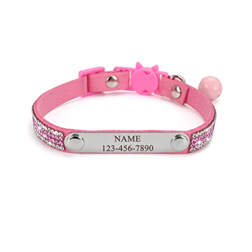 Mogokoyo Personalisiert Katzenhalsband mit Glöckchen Reflektierend Katzenhalsband Namen Telefonnummer Sicherheitsverschluss Verstellbar Kristall Katze Kitten Samtstoff 21-25cm Rosa von Mogokoyo