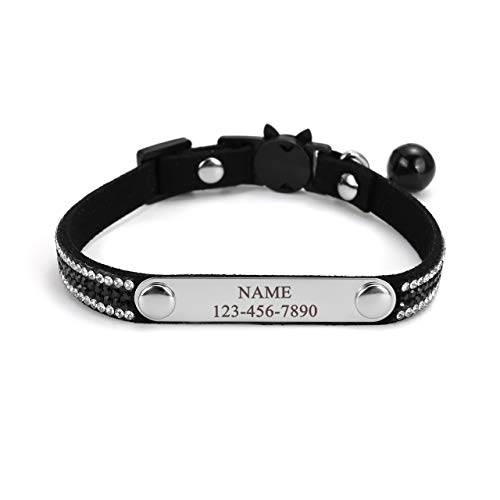 Mogokoyo Personalisiert Katzenhalsband mit Glöckchen Reflektierend Katzenhalsband Namen Telefonnummer Sicherheitsverschluss Verstellbar Kristall Katze Kitten Samtstoff 21-25cm Schwarz von Mogokoyo