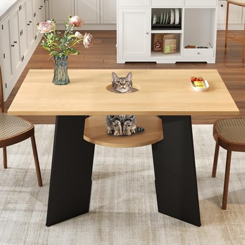 Haustierfreundlicher Esszimmer-Küchentisch mit Haustierbereich & Ablagebrettchen, rechteckig für 6 Personen (130×85×75 cm), Naturholz-Schwarz Mix von Moimhear