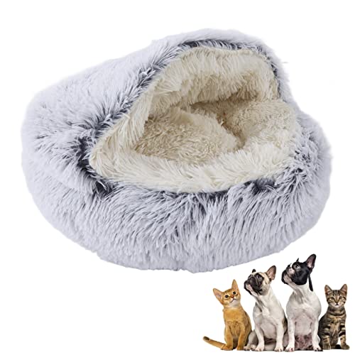 Mokylor Katzenbett, Rund, Flauschig, mit Kapuze, Katzenbett, Höhle, Bequem, Wärmend, Rutschfestes Kunstfell, Flauschiges Katzenbett, Donut für Kleine Haustiere Im((Plüschstil) Gentleman Grey) von Mokylor