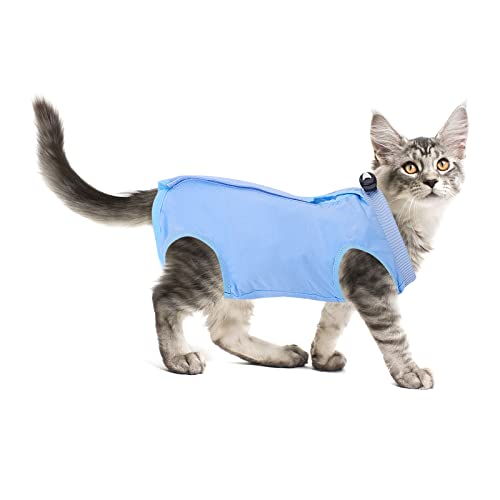 Molain Cat Professioneller Erholungsanzug für Bauchwunden oder Hautkrankheiten nach Operationen E Halsband Alternative für Katzen Anti Lecken Pyjama Anzug (Blau, Größe M) von Molain