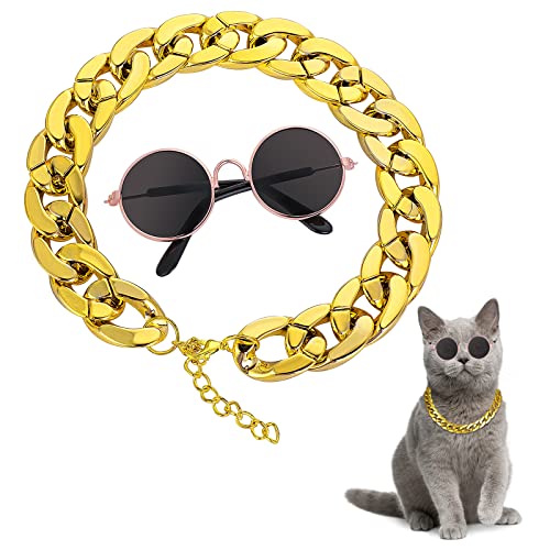 Molain Cat Sonnenbrille Goldkette Kostümdekorationen, UV-Schutz für Katzen Klassische Retro-Welpen-Retro-Schwarz-Sonnenbrille Faux Gold verstellbare Kette Cosplay Kostüm Coole lustige Foto Requisiten von Molain
