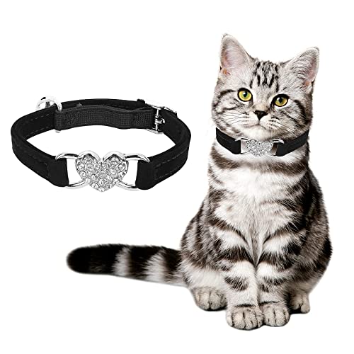 Molain Herz Bling Katze Halsband, verstellbares Halsband mit Sicherheitsgurt und Glocke Strass Halsband für Kätzchen kleine Hund Katze (schwarz) von Molain