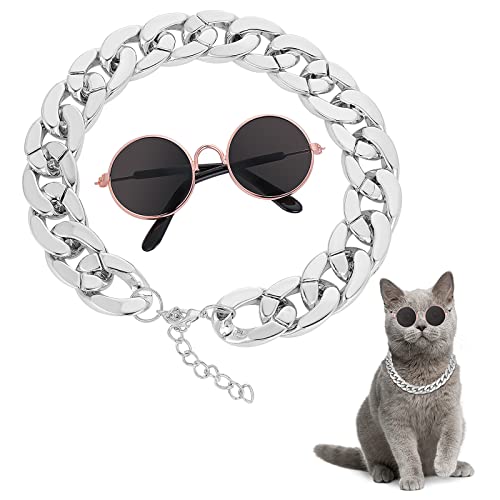 Molain Katze Sonnenbrille Goldkette Kostümdekorationen, UV-Schutz für Katzen Klassischer Retro Welpe Retro Schwarze Sonnenbrille Faux Silber verstellbare Kette Cosplay Kostüm von Molain