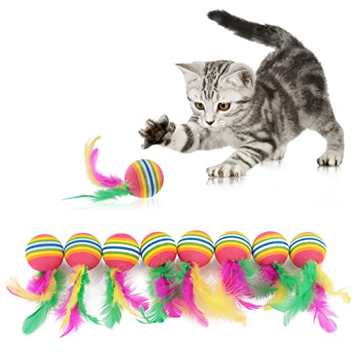 Molain Katzenspielzeug, Bälle mit Feder, 8 Stück, Regenbogen-Katzenbälle, Spielzeug, interaktives Kätzchenspielzeug, bunte Bälle für den Innenbereich, Kätzchen, Kautraining, Jagd von Molain