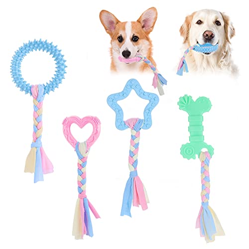 Molain Kauspielzeug für Welpen zum Zahnen - 4 Stück aus Gummi Mit Interaktiven Baumwollseilen, Niedliches Rosafarbenes Hundespielzeug von Molain