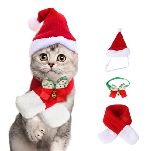 Molinter Haustier Weihnachtskostüme Set Katzenkostüm Hunde Weihnachts Kostüm Zubehör mit Kopfbedeckung Mütze Fliege Halsband Schal 3 Stück von Molinter