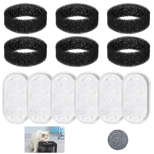 Momowin Katzenbrunnen Filter，12 Tück Filter Katzenbrunnen，6 Stück Aktivkohlefilter Und 6 Stück Schaumfilter，zur Wasserenthärtung und Filterung von Verunreinigungen und Haaren im Wasser von Momowin