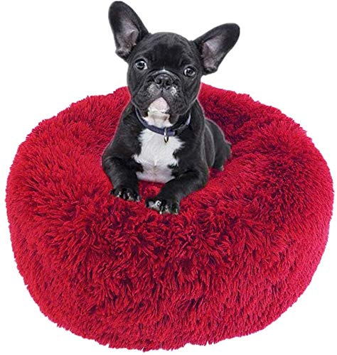 Hundebett, weich, luxuriös, bequem, Donut-Bett mit rutschfester Unterseite, kuschelig, für Welpen, Katzen, 80 cm, Rot von Monba