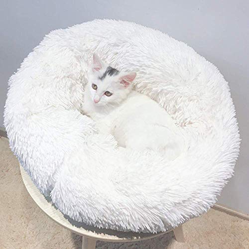 Hundebett für kleine und mittelgroße Haustiere, Kunstfell, Donut-Katzenbett, selbstwärmendes Kätzchen-Sofa, weiches Kissen für verbesserten Schlaf, weiß, 70 cm von Monba