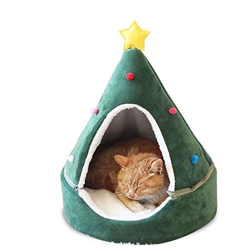 Monba Katzenhöhlenbett mit Weihnachtsmotiv, bequemes Katzennesthaus, weiches warmes Haustierbett, Baumform, halbgeschlossenes Katzenhaus mit grünem Stern, Größe L: 50 x 50 x 55 cm von Monba