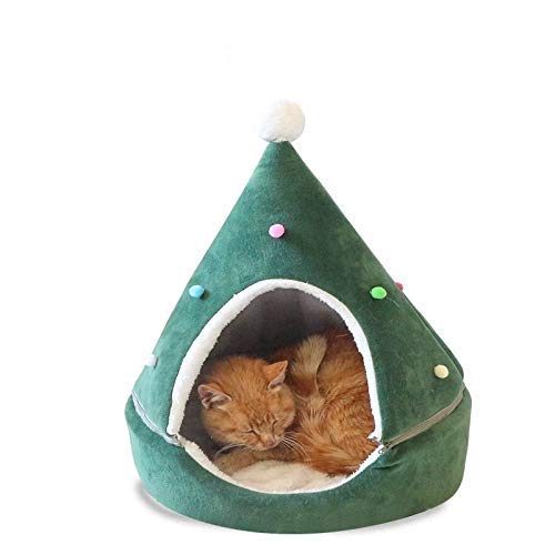 Monba Katzenhöhlenbett, gemütliches Katzen-Nest-Haus, weich, warm, für den Winter, Baumform, Haustier-Katzenhaus, halbgeschlossenes Katzenhaus – grün, Größe S: 35 x 35 x 45 cm von Monba