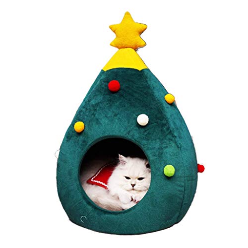 Monba Katzenbett in Form eines Weihnachtsbaums, dreieckige Haustierhöhle, Samt, warmes Versteck für Kätzchen, Welpen und große Katzen von Monba