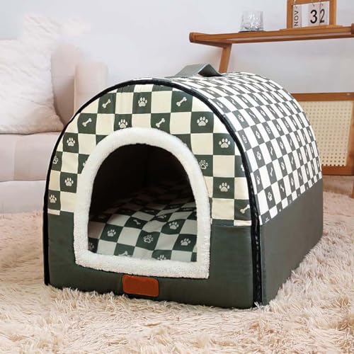 Pet House 2-in-1 geschlossenes Hundehüttenbett, Katzenhöhle, warmes Schlafnest mit abnehmbarem Anti-Angstkissen, gemütliches Iglu-Haus, rutschfestes Haustierbett (S, Grün) von Monbaer