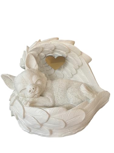 Monello Hundeurne Chihuahua in Engelsflügel Tierurne für Zuhause mit individueller Gravur auf Wunsch bis ca. 5 kg Tiergewicht (Weiß) von Monello