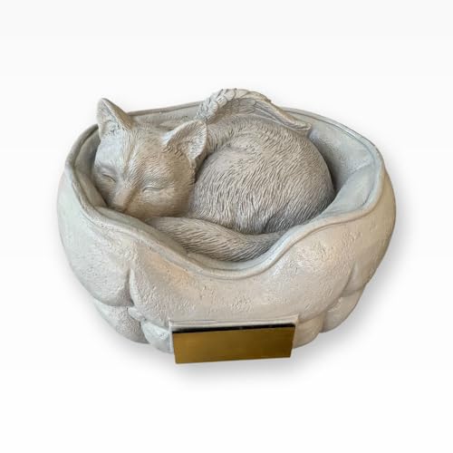 Monello Katzenurne Schlafende Katze, Tierurne mit Engelsflügeln, 1L Füllvolumen, für Katzen bis 15 kg, mit Gravur auf Wunsch (Hellgrau) von Monello