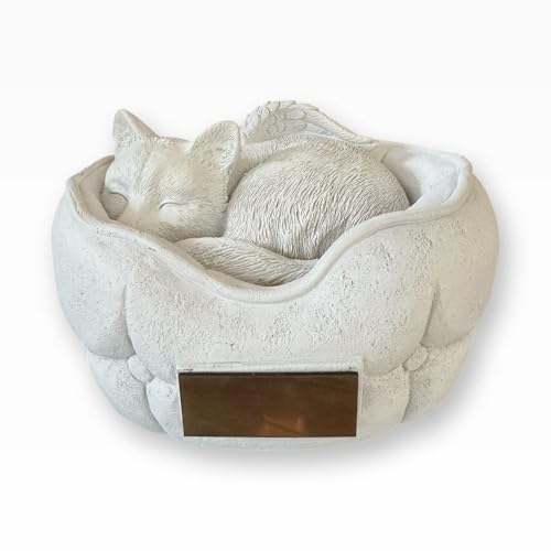 Monello Katzenurne Schlafende Katze, Tierurne mit Engelsflügeln, 1L Füllvolumen, für Katzen bis 15 kg, mit Gravur auf Wunsch (Weiß) von Monello