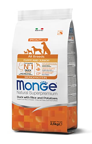 Monge Natural Superpremium Puppy and JUNIOR Duck, Rice and Potatoes, Hundefutter für alle Rassen (Trockenfutter für Hunde mit Ente, Reis & Kartoffeln, sehr Ballaststoff- & Vitaminreich, 2,5 kg) von Monge