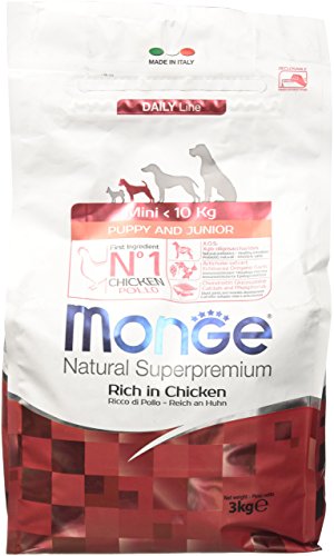 Monge Natural Superpremium PUPPY AND JUNIOR RICH IN CHICKEN, Hundefutter für alle Rassen (Trockenfutter für Hunde unter 10 kg, mit Huhn, sehr Ballaststoff- & Vitaminreich, 3 kg) von Monge