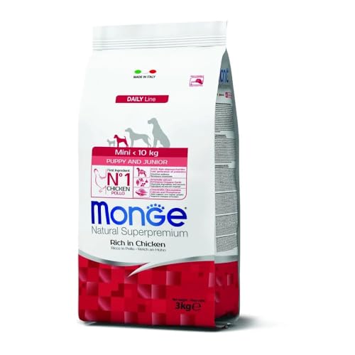 Monge Natural Superpremium PUPPY AND JUNIOR RICH IN CHICKEN, Hundefutter für alle Rassen (Trockenfutter für Hunde unter 10 kg, mit Huhn, sehr Ballaststoff- & Vitaminreich, 3 kg) von Monge