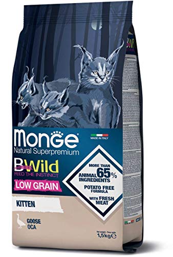 Monge BWild Low Grain Goose Kitten, Trockenfutter für Katzen (Katzenfutter trocken mit Entenfleisch, hochwertiges Kittenfutter, Nature Kittenfutter, 1,5 kg) von Monge