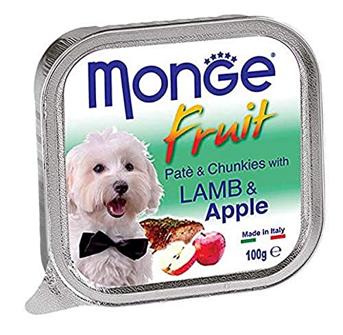 Monge Fruit Adult Lamb and Apple, Hundefutter für alle Rassen (Nassfutter für Hunde, Hundefutter mit Lamm und Apfel, Vitaminreich, ohne Farb- und Konservierungsstoffe, 100 g) von Monge