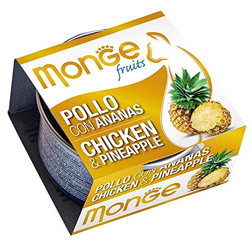 Monge Fruits ADULT CHICKEN WITH PINEAPPLE, Nassfutter für erwachsene Katzen (Katzenfutter aus Huhn und Ananas, Vitaminquelle, schmackhafte Rezeptur, ohne Zusatz von Konservierungsstoffen, 80 g) von Monge