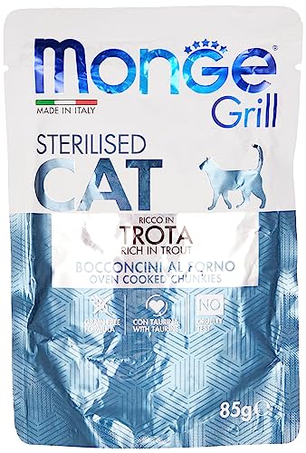 Monge Grill STERILISED Trout, Nassfutter für Katzen (Katzenfutter aus Forellen, schmackhafte Rezeptur, hohe Energiedichte, hochwertiges Futter, getreidefrei, 85 g) von Monge