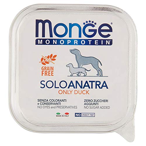 Monge Monoproteico, Nassfutter für Hunde (Hundefutter aus Ente, hohe Qualität, ohne Zuckerzusatz, Farbstoffe oder Konservierungsstoffe, sehr Ballaststoff- & Vitaminreich, 150 g) von Monge