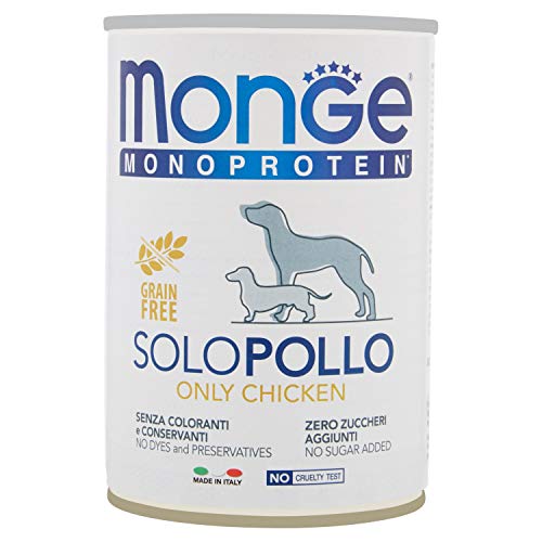 Monge Monoprotein Chicken, Nassfutter für Hunde (Hundefutter aus Huhn, hochwertige Qualität, Dosenfutter ohne Zuckerzusatz, ohne Zusatz von Farb- und Konservierungsstoffen, getreidefrei, 400 g) von Monge