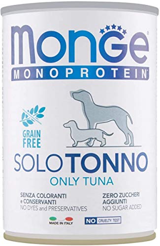 Monge Monoprotein ONLY Tuna, Nassfutter für Hunde (Nassfutter aus Thunfisch, ohne Farbstoffe, Konservierungsstoffe und Zuckerzusatz, getreidefreies Hundefutter, 400 g) von Monge