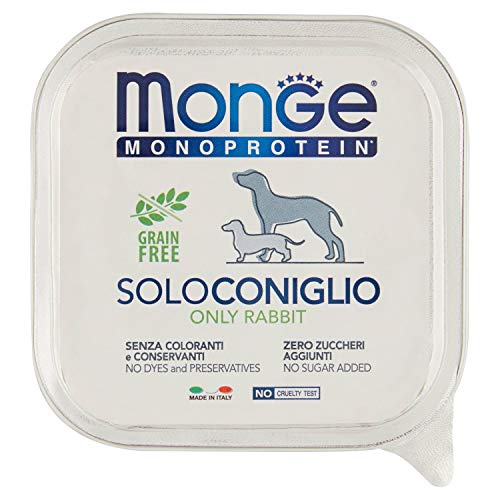 Monge Monoprotein Rabbit, Nassfutter für Hunde (Hundefutter aus Kaninchen, hochwertige Qualität, Dosenfutter ohne Zuckerzusatz, ohne Zusatz von Farb- und Konservierungsstoffen, getreidefrei, 150 g) von Monge