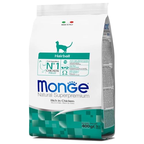 Monge Narural Superpremium Hairball Chicken, Trockenfutter für Katzen (Katzenfutter aus Huhn, mit XOS (Xylo-Oligosaccharide), Omega-3-Quelle, schmackhafte Rezeptur, vermeidet Haarbälle, 400 g) von Monge