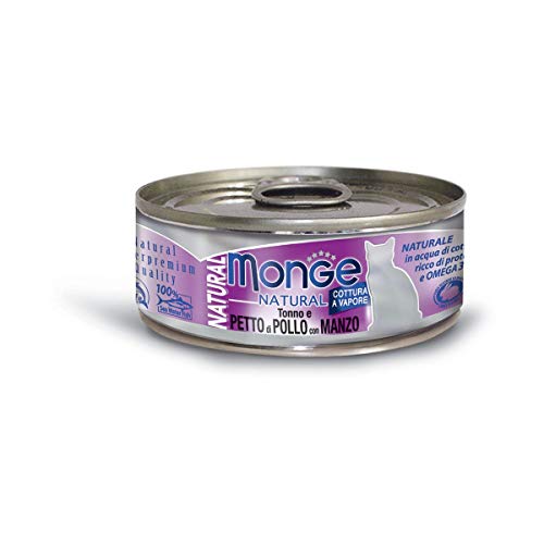 Monge Natural Adult Tuna, Chicken Breast and Beef, Nassfutter für Erwachsene Katzen (hochwertiges Katzenfutter aus Thunfisch, Hühnerbrust und Rind, hochwertige Rezeptur, schmackhaftes Futter, 80 g) von Monge