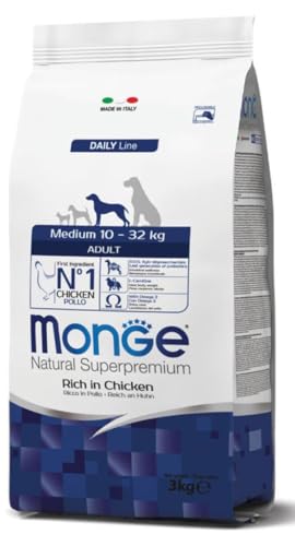 Monge Natural Superpremium ADULT RICH IN CHICKEN, Hundefutter für alle Rassen (Trockenfutter für Hunde zwischen 10 - 32 kg, mit Huhn, sehr Ballaststoff- & Vitaminreich, 12 kg) von Monge