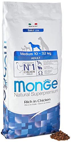 Monge Natural Superpremium ADULT RICH IN CHICKEN, Hundefutter für alle Rassen (Trockenfutter für Hunde zwischen 10 - 32 kg, mit Huhn, sehr Ballaststoff- & Vitaminreich, 12 kg) von Monge