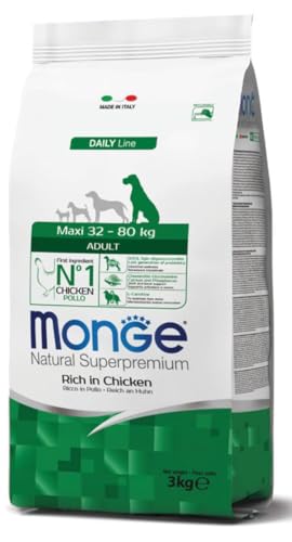 Monge Natural Superpremium ADULT RICH IN CHICKEN, Hundefutter für alle Rassen (Trockenfutter für Hunde zwischen 32 - 80 kg, mit Huhn, sehr Ballaststoff- & Vitaminreich, 12 kg) von Monge