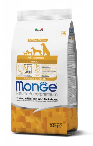 Monge Natural Superpremium Adult Turkey, Rice and Potatoes, Hundefutter für alle Rassen (Trockenfutter für Hunde mit Pute, Reis & Kartoffeln, sehr Ballaststoff- & Vitaminreich, 2,5 kg) von Monge