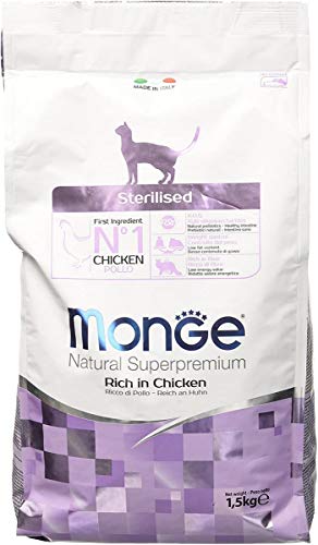 Monge Natural Superpremium Monoprotein* STERILISED Chicken, Trockenfutter für sterilisierte Katzen (Futter aus Huhn, niedriger Fettgehalt, hochwertige Rezeptur, ohne Zusatz von Farbstoffen, 1,5 kg) von Monge