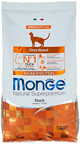 Monge Natural Superpremium Monoprotein STERILISED Duck, Trockenfutter für sterilisierte Katzen (Futter aus Ente, niedriger Fettgehalt, hochwertige Rezeptur, ohne Zusatz von Farbstoffen, 1,5 kg) von Monge