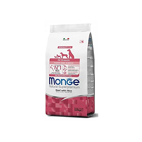 Monge Natural Superpremium Puppy and JUNIOR Beef and Rice, Hundefutter für alle Rassen (Welpenfutter, Trockenfutter für Hunde mit Rindfleisch & Reis, sehr Ballaststoff- & Vitaminreich, 2,5 kg) von Monge