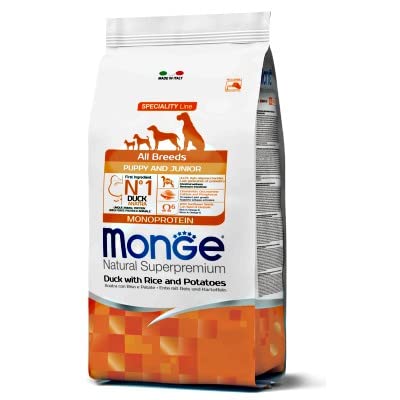 Monge Natural Superpremium Puppy and JUNIOR Duck, Rice and Potatoes, Hundefutter für alle Rassen (Trockenfutter für Hunde mit Ente, Reis & Kartoffeln, sehr Ballaststoff- & Vitaminreich, 12 kg) von Monge