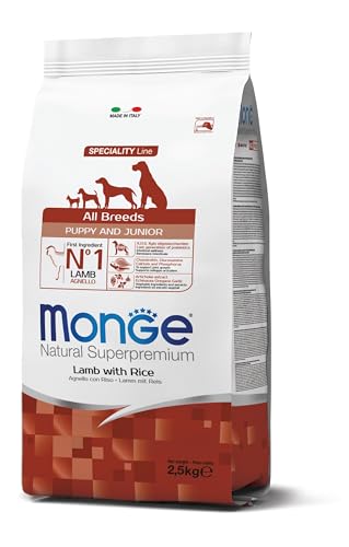 Monge Natural Superpremium Puppy and JUNIOR Lamb and Rice, Hundefutter für alle Rassen (Welpenfutter, Trockenfutter für Hunde mit Lamm & Reis, sehr Ballaststoff- & Vitaminreich, 2,5 kg) von Monge