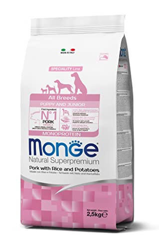 Monge Natural Superpremium Puppy and JUNIOR Pork, Rice and Potatoes, Hundefutter für alle Rassen (Trockenfutter für Hunde mit Schwein, Reis & Kartoffeln, sehr Ballaststoff- & Vitaminreich, 2,5 kg) von Monge