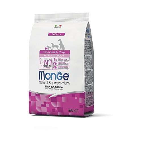 Monge Natural Superpremium Puppy and JUNIOR Rich IN Chicken, Hundefutter für alle Rassen (Trockenfutter für Hunde unter 2 kg, mit Huhn, sehr Ballaststoff- & Vitaminreich, 0,8 kg) von Monge