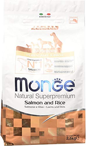 Monge Natural Superpremium Puppy and JUNIOR Salmon and Rice, Hundefutter für alle Rassen (Welpenfutter, Trockenfutter für Hunde mit Lachs & Reis, sehr Ballaststoff- & Vitaminreich, 2,5 kg) von Monge