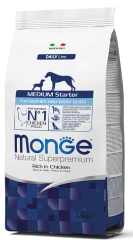 Monge Natural Superpremium for Mother and Baby Dogs Rich IN Chicken, Hundefutter für alle Rassen (Trockenfutter mit Huhn, sehr Ballaststoff- & Vitaminreich, 1,5 kg) von Monge