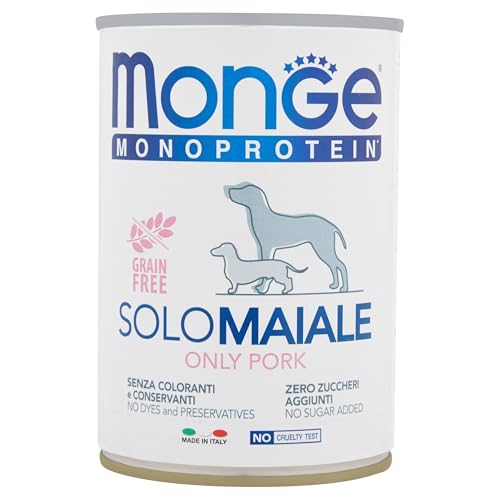 Monge Patè 100% Pork, Nassfutter für Hunde (Hundefutter aus Schwein, schmackhafte Rezeptur, mit Vitamin A-E-D3-Komplex, ohne Zusatz von Farb- und Konservierungsstoffen, getreidefrei, 400 g) von Monge